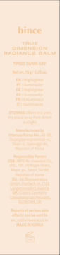 Tył opakowania hince TRUE DIMENSION RADIANCE BALM TP002 DAWN RAY, z informacjami, 10g, Korea.