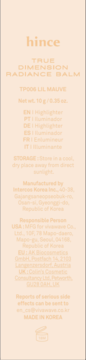 Tylna etykieta balsamu Hince True Dimension Radiance, rozświetlacz w odcieniu Lil Mauve, na jasnobeżowym tle.