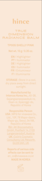 Hince True Dimension Radiance Balm w odcieniu Shelly Pink, tył opakowania z opisem highlightera.
