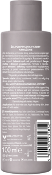 Tył szarej butelki nawilżającego żelu pod prysznic ICON16 Victory 100ml, z widocznym składem i kodem kreskowym.