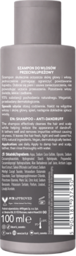 Tył szarej butelki szamponu przeciwłupieżowego ICON16, widoczna lista składników, logo PETA, 100 ml.