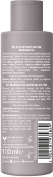 Tył szarej butelki żelu pod prysznic ICON16 On Fire Regeneracja 100ml, etykieta, kod kreskowy.