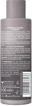 Tył szarego mini szamponu ICON16 100ml z etykietą, składnikami i kodem kreskowym, PETA Approved.