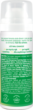 Tył białej butelki kremu nawilżającego do rąk i ciała, zielona etykieta ze składem i polskimi instrukcjami.