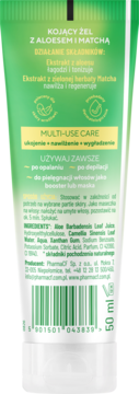 Tył zielonej tubki żelu kojącego z aloesem i matchą, 50 ml. Widoczny szczegółowy opis działania i składników.