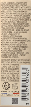 Tył opakowania pomadki Lancôme L'Absolu Rouge Cream Timeless Romance, z listą składników, kodem kreskowym i danymi.