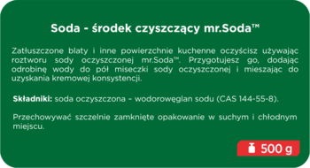Zielona etykieta sody oczyszczonej mr.Soda 500g do czyszczenia kuchni, widok z przodu z instrukcją użycia.
