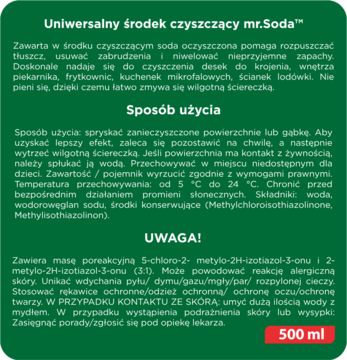 Tył zielonej butelki mr.Soda uniwersalnego środka czyszczącego z sodą, z widoczną etykietą i instrukcją.