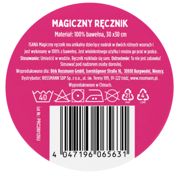 Różowa okrągła metka "Magiczny Ręcznik", 100% bawełna 30x50 cm, z symbolami prania i kodem kreskowym.