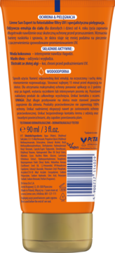 Tył pomarańczowej tubki kremu Lirene Sun Expert UV 90ml, instrukcje, składniki, logo PETA.