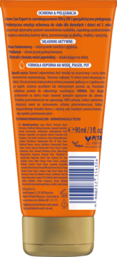 Tył pomarańczowej tubki Lirene Sun Expert z filtrami UV 90ml, z polskimi napisami i złotą zakrętką.