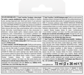 Tył opakowania Fresh Blue 72 ml, biała etykieta z drobnym czarnym tekstem w wielu językach, widok z bliska.