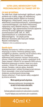 Fluid Kolastyna SPF 50+ 40ml do twarzy. Etykieta produktu z opisem cech i zastosowania.