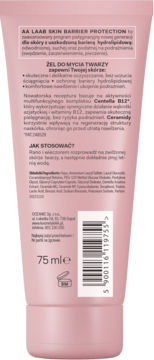 Tył różowej tubki AA LAAB ŻEL DO MYCIA TWARZY 75 ml z opisem działania, składnikami Centella B12 i Ceramidy.