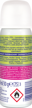 Tył białego sprayu do stóp i butów No36 z listą składników, ostrzeżeniem o łatwopalności i pojemnością 30ml.