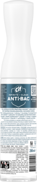 Cif Infinite Clean Anti-Bac spray dezynfekujący, tył białej butelki z pełną etykietą i instrukcją.