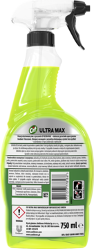 Cif Ultra Max Green, uniwersalny odtłuszczacz w sprayu 750 ml, tył butelki z zieloną etykietą i opisem produktu.
