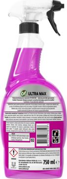 Cif Ultra Max Pink, uniwersalny odtłuszczacz w różowej butelce z atomizerem, widok z tyłu, etykieta z kodem kreskowym i ikonami.
