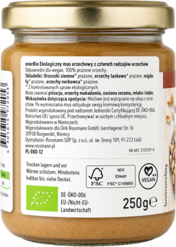 Tył słoika ekologicznego musu orzechowego enerbio 250g. Widoczna etykieta ze składem, certyfikatem eko i logo vegan.