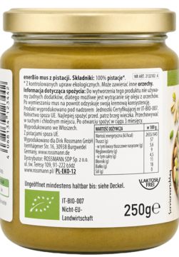 Tył szklanego słoika z musem pistacjowym enerBio, ze złotą nakrętką i zieloną etykietą, widoczny skład 100% pistacji.
