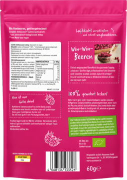 Tył różowego opakowania Win-Win-Beeren, organicznych malin liofilizowanych 60g, z etykietą i tekstem DE.
