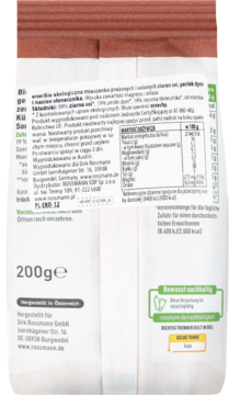 Tył brązowo-białego opakowania muesli Rossmann 200g, z polsko-niemiecką etykietą i tabelą wartości odżywczych.