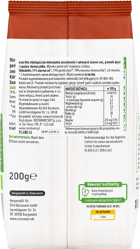 Tył opakowania enerBIO: ekologiczne prażone ziarna soi, dyni, słonecznika 200g. Widoczna tabela wartości.