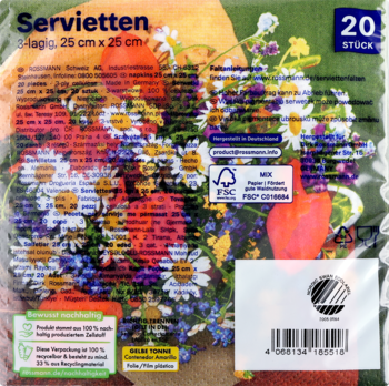 Przezroczyste opakowanie 20 serwetek, 3-warstwowych, z barwnym wzorem polnych kwiatów (25x25 cm).