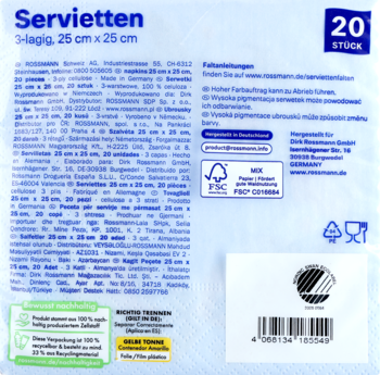 Tył biało-niebieskiego opakowania serwetek 3-warstwowych 25x25 cm, 20 sztuk, z kodem kreskowym.