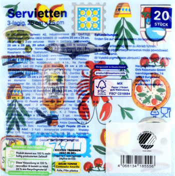 Przezroczyste opakowanie 20 trójwarstwowych serwetek 25x25 cm z letnimi wzorami: cytryny, homar, ryba, pizza.