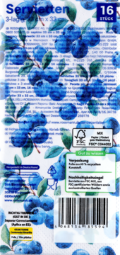 Białe opakowanie 16 serwetek papierowych 3-warstwowych z wzorem niebieskich borówek i liści, widok z przodu.