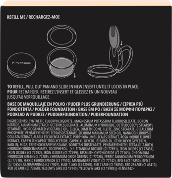 Tył podkładu w pudrze z instrukcją uzupełniania w diagramach i pełną listą składników. Ciemne tło.