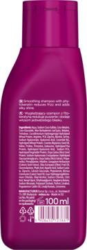 Tył butelki szamponu wygładzającego z fitokeratyną. Magenta opakowanie 100 ml z listą składników. Redukuje puszenie.
