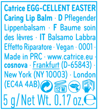 Etykieta tylna balsamu Catrice EGG-CELLENT EASTER Caring Lip Balm z opisem produktu i wagą 5g/0.17oz.