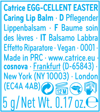 Etykieta Catrice EGG-CELLENT EASTER Caring Lip Balm, niebieski tekst na białym tle, 5g, vegan, Made in PRC.