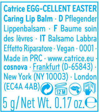 Zbliżenie na tył opakowania balsamu Catrice Egg-Cellent Easter Caring Lip Balm, 5g, z niebieskim tekstem, widoczne ikony.