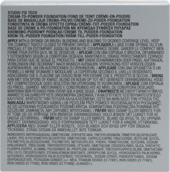 Tył opakowania podkładu STUDIO FIX TECH krem-puder z instrukcjami i składnikami na białym tle.