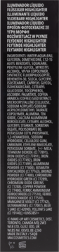 Tył czarnego opakowania płynnego rozświetlacza MAC z białymi napisami: nazwa produktu i długa lista składników.