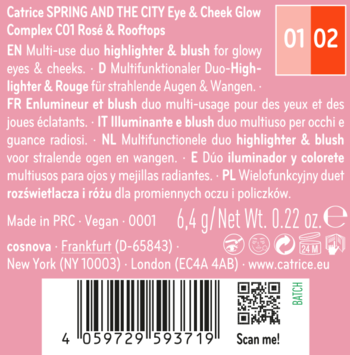 Tył różowego opakowania Catrice SPRING AND THE CITY Eye & Cheek Glow Complex, multi-use highlighter & blush, z kodem QR.