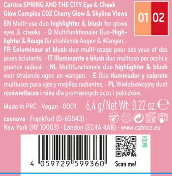 Tył różowego opakowania Catrice Eye & Cheek Glow Complex Cherry Glow, z opisem, kodem i wagą.