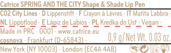 Etykieta Catrice SPRING AND THE CITY Lip Pen C02 City Lines z tekstem: 'Vegan', waga '0.9g' i adres producenta.