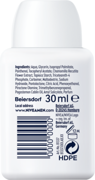 Tył białej butelki Nivea Men 30ml z listą składników, kodem kreskowym i logo producenta Beiersdorf.