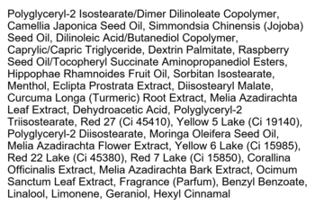 Białe tło z czarnym tekstem przedstawia listę składników nawilżającego olejku do ust Kaja Juicy Glass Lip Oil.