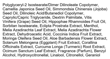 Lista składników INCI nawilżającego olejku do ust Kaja Juicy Glass Lip Oil, czarny tekst na białym tle.