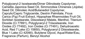 Kaja Juicy Glass Lip Oil Fig Smoothie. Lista składników: olej jojoba, ekstrakt z fig, mentol i barwniki na białym tle.