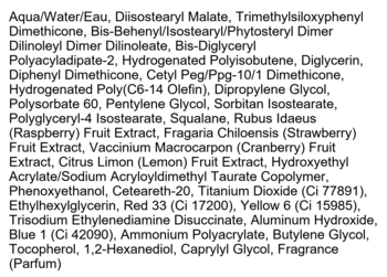 Lista składników pomadki Kaja Jelly Charm w odcieniu Berry Colada, m.in. woda, skwalan, ekstrakty owocowe.