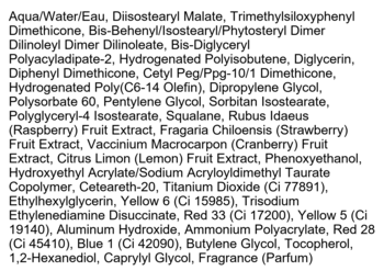 Skład Kaja Jelly Charm Peach Fizz, pomadki i różu 2w1, z wodą, barwnikami i ekstraktami roślinnymi.