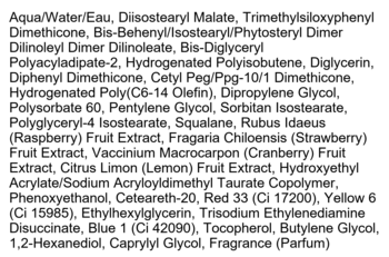 Lista składników pomadki i różu Kaja Jelly Charm Cherry Spritz. Biała etykieta z czarnym tekstem.
