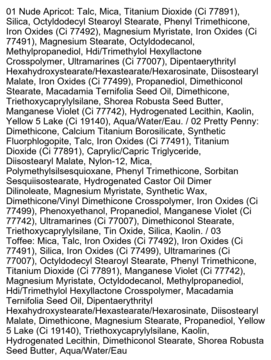 Printed ingredient lists for Kaja Beauty Bento eyeshadows, including shades Nude Apricot, Pretty Penny, Toffee.