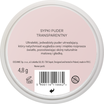 Tył opakowania transparentnego sypkiego pudru 4,8g, matuje i wygładza skórę, różowa etykieta z kodem.